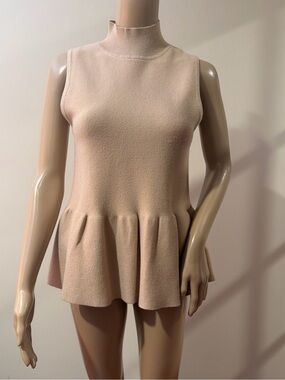 Fate Sleeveless Peplum Mock Neck Sweater in Beige Size Small